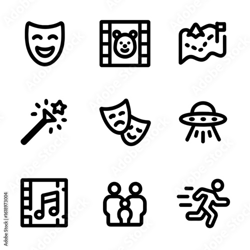 Movie Genres Icons. Solid, filled icon set of Movie genres for family night: comedy, animation, adventure, fantasy, drama, science