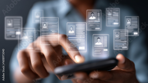 user swiping through floating digital identity cards in front of phone