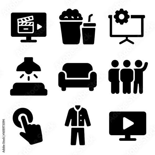 Movie Night Icons. Solid, filled icon set of Movie night preparations: choosing movie, preparing snacks, setting up devices,