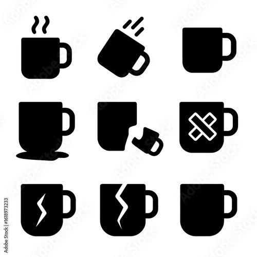 Mug Usage Icons. Solid, filled icon set of mug usage and damage: hot beverage, dropping mug, ceramic break, liquid spill, handle