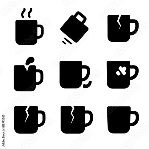 Mug Usage Icons. Solid, filled icon set of mug usage and damage: hot beverage, dropping mug, ceramic break, liquid spill, handle