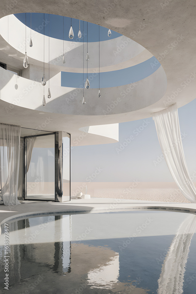 Fototapeta premium An ultra-modern, minimalist concrete mansion stands alone in a vast, silent desert.