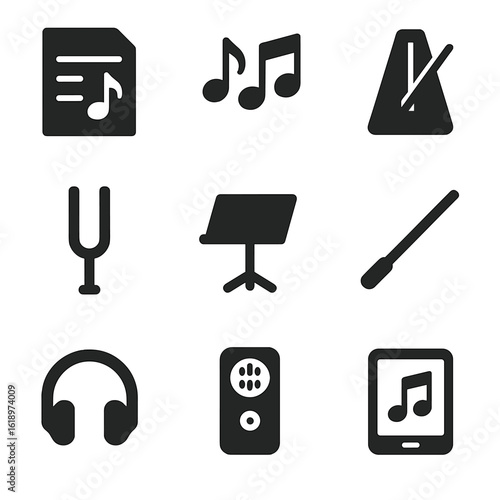 Music Tools Icons. Solid, filled icon set of Music notation and tools: sheet music, musical notes, metronome, tuning fork, music