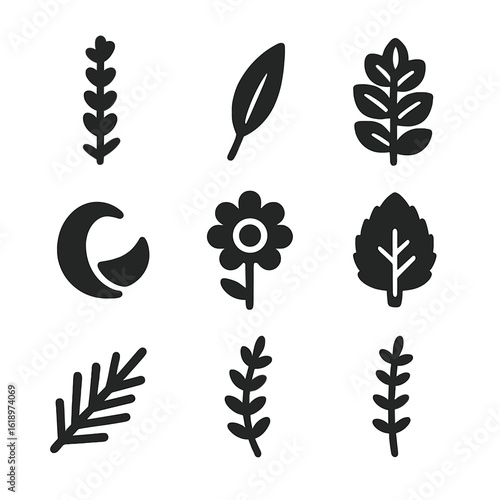 Natural Scents Icons. Solid, filled icon set of natural cleaning scents: lavender flower, eucalyptus leaf, peppermint sprig,