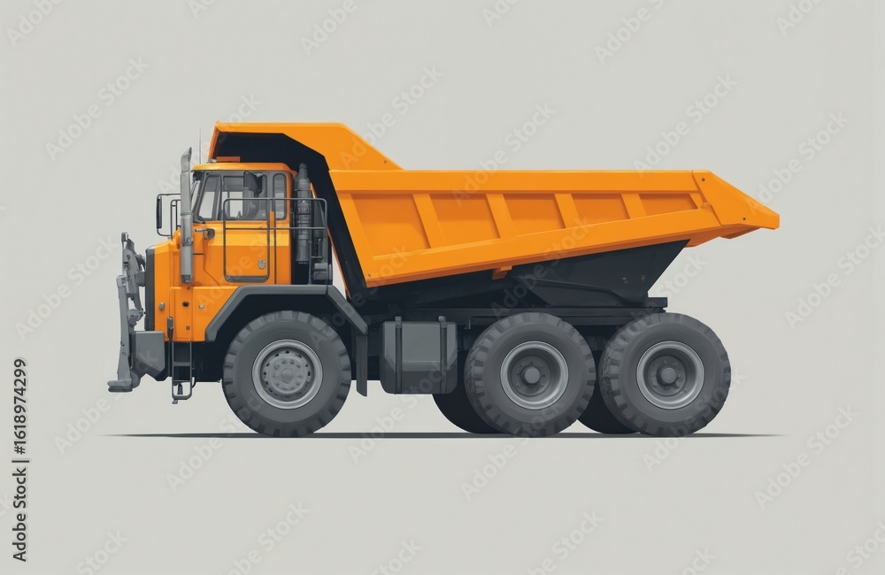 Obraz premium Illustration of heavy-duty orange dump truck, robust construction vehicle designed for transporting large loads. Industrial machinery features sturdy build, large tires, suitable for mining,