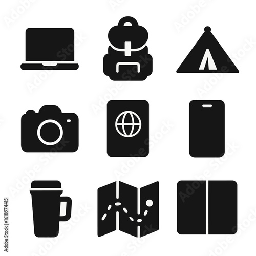 Nomadic Lifestyle Icons. Solid, filled icon set of nomadic lifestyle: computer, backpack, tent, camera, passport, phone, travel