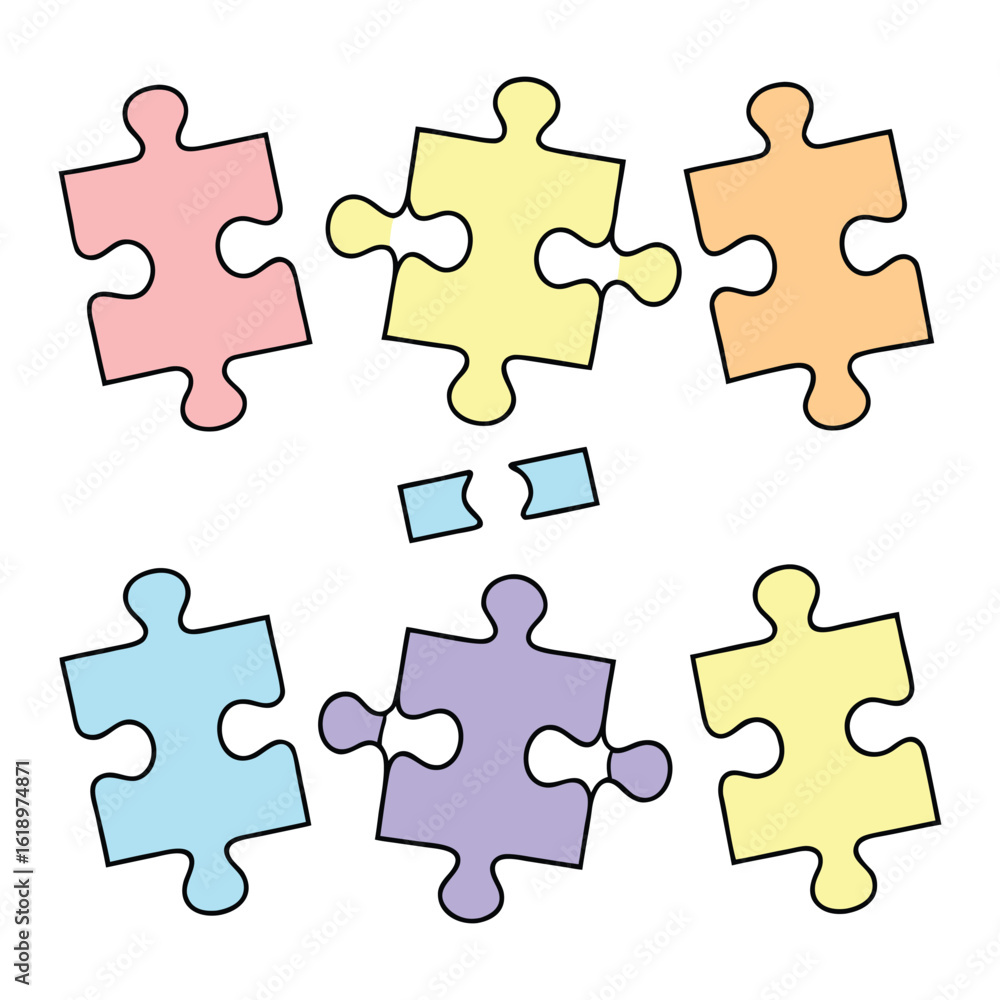 Fototapeta premium Six colorful puzzle pieces arranged in two rows with two small connecting pieces in the center symbolizing teamwork and problem solving