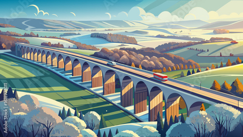 In an aerial view above the west side of the Corby Viaduct on the outskirts of Corby, Northampton, UK on a bright winter’s day, frosty fields stretch beyond. Semi-realistic textures capture stillness,