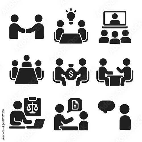 Office Interaction Icons. Solid, filled icon set of office interactions in law firms: handshaking, brainstorming session,