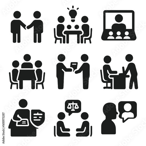 Office Interaction Icons. Solid, filled icon set of office interactions in law firms: handshaking, brainstorming session,