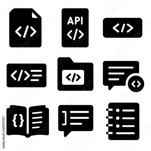 Coding Documentation Icons. Solid vector icons of coding documentation: markdown file icon, API doc page, README badge, code