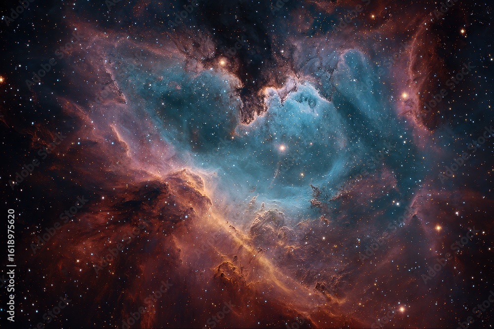 Fototapeta premium Beautiful deep space nebulosity with stars in Cassiopeia showing cosmic gas clouds and stellar formation regions, with deep blues and reds on black background