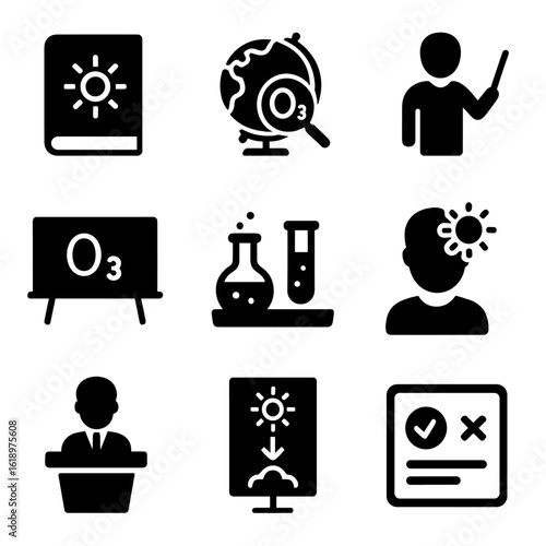 Ozone Layer Icon Set. Solid, filled icon set of ozone layer educational symbols: book, globe with magnifier, teacher, blackboard,