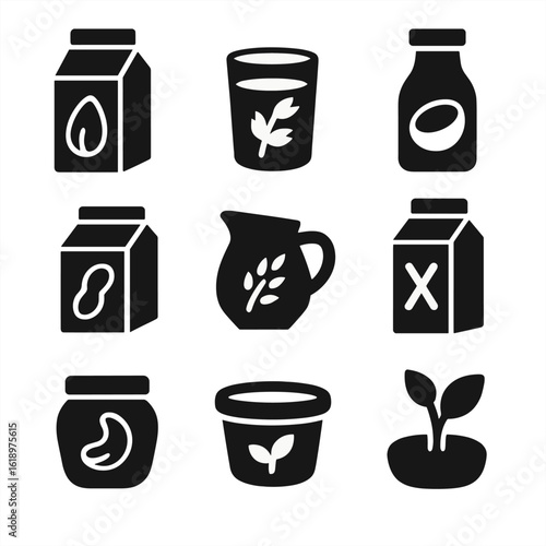 Milk Alternatives Icons. Solid style icons of milk alternatives: almond milk carton, oat milk glass, coconut milk bottle, soy milk