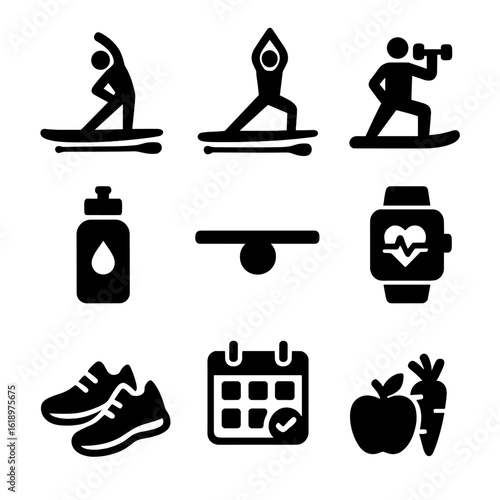 Paddleboarding Fitness Icons. Solid, filled icon set of paddleboarding fitness and training: stretching, yoga pose, strength