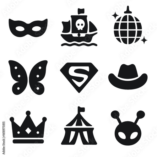 Party Icon Collection. Solid, filled icon set of party themes: masquerade mask, pirate ship, disco ball, fairy wings, cowboy hat,