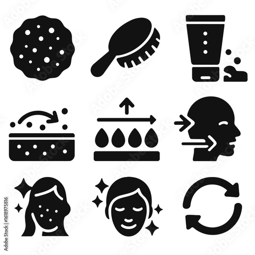 Exfoliation Icons Collection. Solid style icons of exfoliation and renewal: scrub texture icon, exfoliating brush, microbead