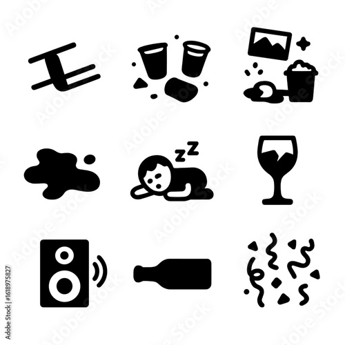 Party Aftermath Icons. Solid, filled icon set of party aftermath: overturned chair, scattered cups, messy room, spilled liquid,