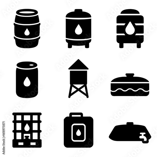 Water Storage Icons. Solid style icons of large water storage: rain barrel, water tank, cistern container, plastic drum, rooftop