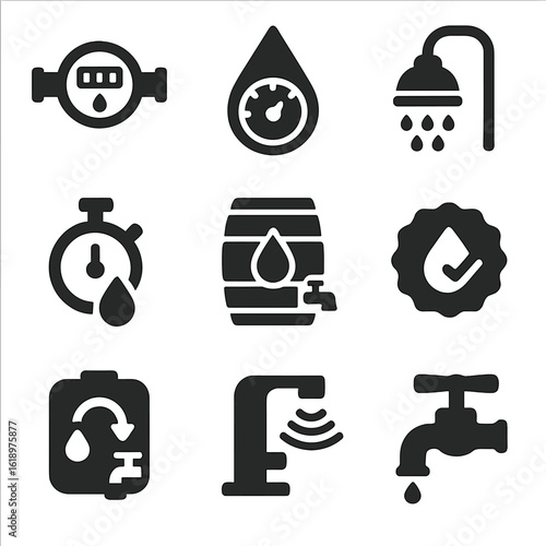 Water Conservation Icons. Solid style icons of water measurement and conservation: water meter icon, droplet with gauge, low-flow