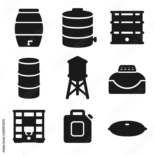 Water Storage Icons. Solid style icons of large water storage: rain barrel, water tank, cistern container, plastic drum, rooftop