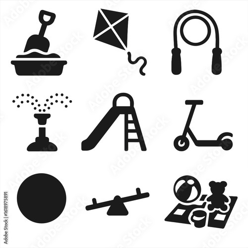 Outdoor Play Icons. Solid style icons of outdoor play: sandbox shovel, kite in flight, jump rope, water sprinkler, playground