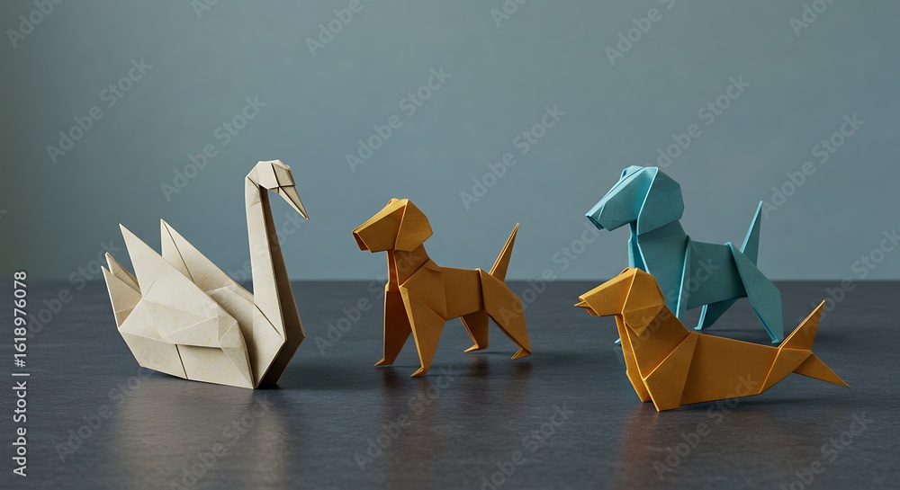 Fototapeta premium Elegant Origami Animals Swan and Dogs Paper Art