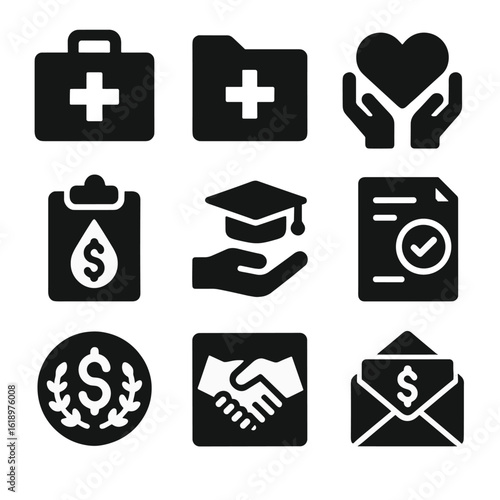 Educational Support Icons. Solid style icons of educational support funds: emergency aid icon, grant folder with cross, non-profit