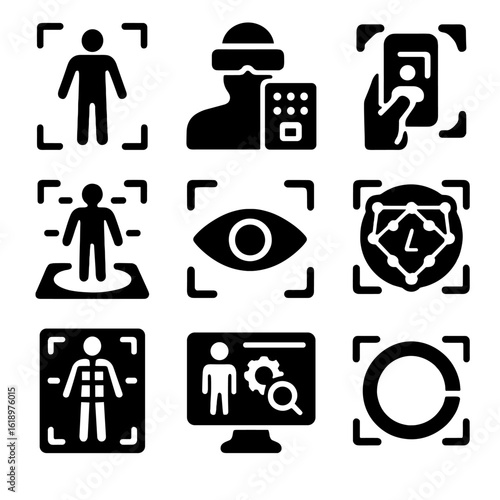 Futuristic Scanning Icons. Solid style icons of futuristic scanning interfaces: 3D body model scan, VR scan interpretation tool,