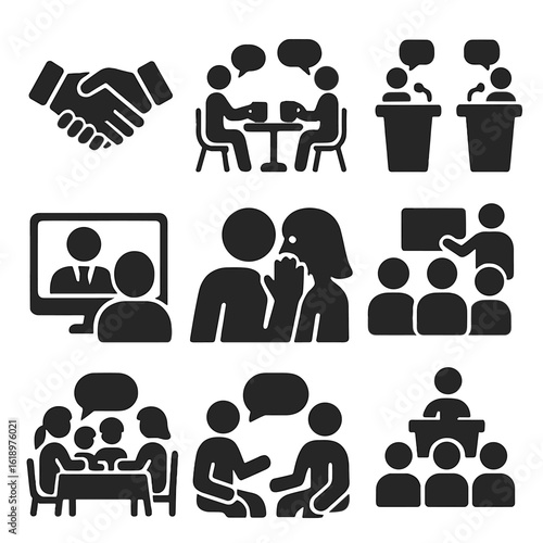 Communication Icons Collection. Solid style icons of formal and informal communication styles: handshake agreement, casual chat