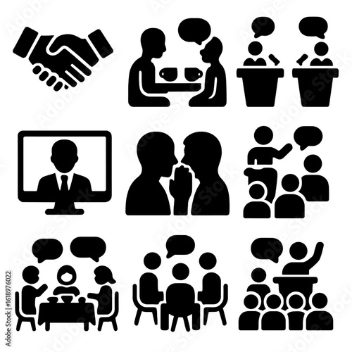 Communication Icons Collection. Solid style icons of formal and informal communication styles: handshake agreement, casual chat