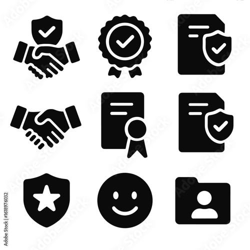 Trust Icons Collection. Solid style icons of trust and reliability in insurance: handshake with shield, verified badge icon,