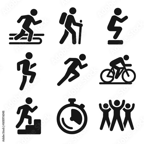 Cardio Training Icons. Solid style icons of cardio and endurance training: running on track, hiking with backpack, jump squat icon
