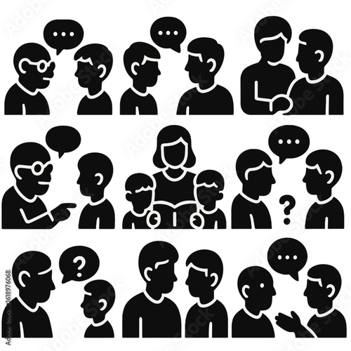 Intergenerational Dialogue Icons. Solid style icons of intergenerational dialogue: grandparent talking to child, teen and parent