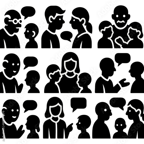 Intergenerational Dialogue Icons. Solid style icons of intergenerational dialogue: grandparent talking to child, teen and parent
