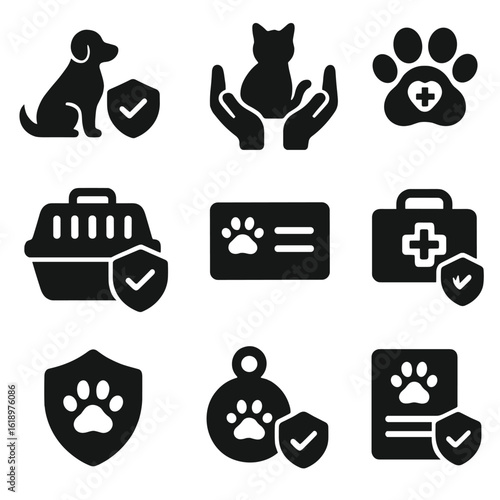 Pet Insurance Icons. Solid style icons of pet insurance and animal care: dog with shield, cat in hands, pet paw with heart and