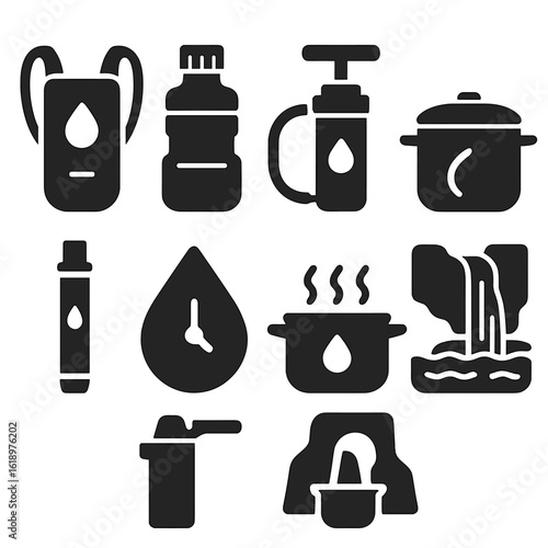 Solid Hydration Icons. Solid style icons of hydration and water access: hydration pack icon, collapsible water bottle, water