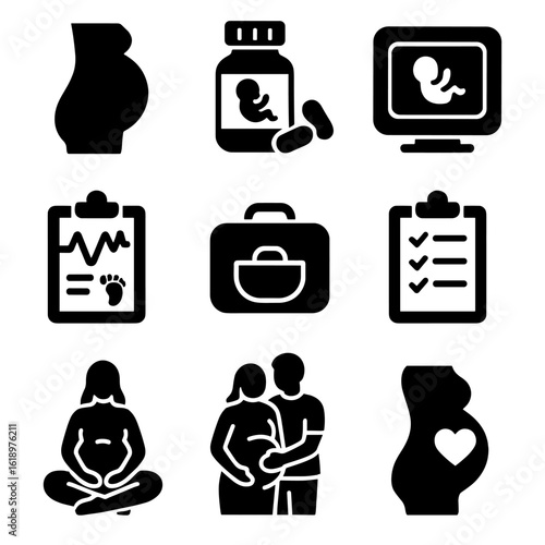 Maternity Icons Collection. Solid style icons of maternity and prenatal moments: pregnant belly icon, prenatal vitamins,