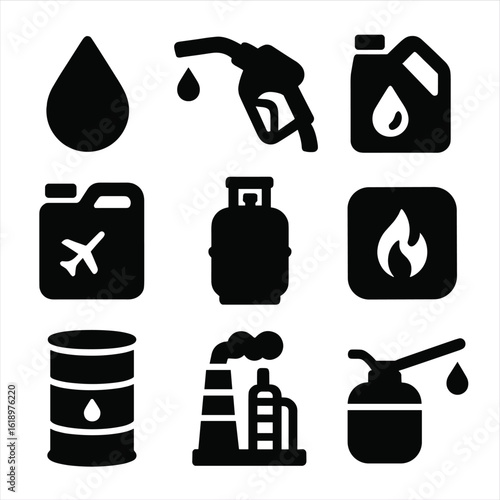Fuel Output Icons. Solid style icons of fuel and product outputs: refined fuel droplet, gasoline pump nozzle, motor oil bottle,