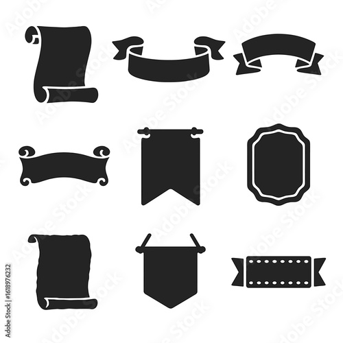 Vintage Banner Icons. Solid style icons of vintage and retro banners: scroll with curled edges, aged ribbon banner, classic ribbon