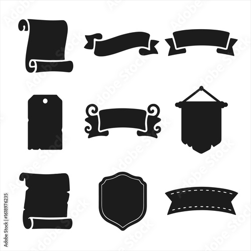 Vintage Banner Icons. Solid style icons of vintage and retro banners: scroll with curled edges, aged ribbon banner, classic ribbon