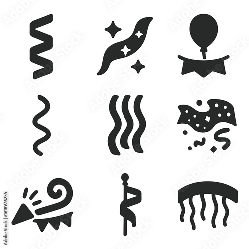 Celebration Streamer Icons. Solid style icons of party and celebration streamers: twisting streamer strip, streamer with stars,