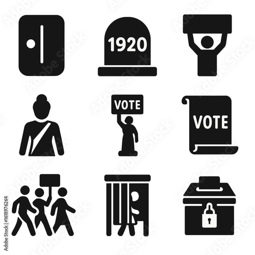 Historical Voting Icons. Solid style icons of historical and symbolic voting: ancient vote tablet, voting milestone year,