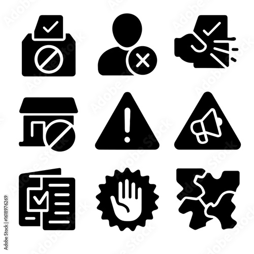Vote Suppression Icons. Solid style icons of vote suppression warnings: blocked ballot symbol, banned voter icon, vote