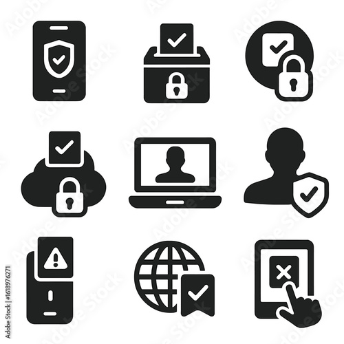 Secure Digital Voting Icons. Solid style icons of online and digital voting: secure vote app, two-factor authentication ballot,