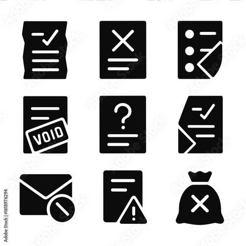 Rejected Ballot Icons. Solid style icons of rejected and spoiled ballots: torn ballot icon, incorrect marking symbol, overvote
