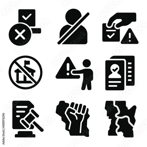 Vote Suppression Icons. Solid style icons of vote suppression warnings: blocked ballot symbol, banned voter icon, vote