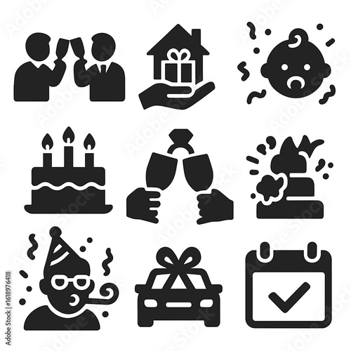 Milestone Celebration Icons. Solid style icons of personal milestones and celebration: job promotion cheers, housewarming gift