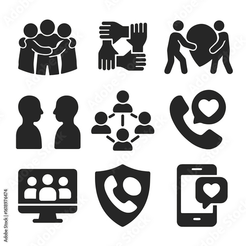 Emotional Support Icons. Solid style icons of emotional support networks: group circle hug, support hand chain, shared burden