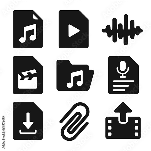 Media Format Icons. Solid style icons of media formats and file types: MP3 audio file, MP4 video file, WAV soundwave icon, MOV